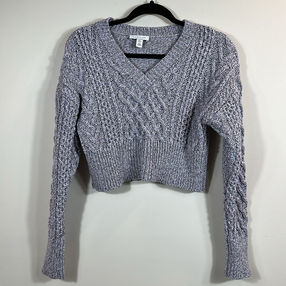 Topshop Purple Grey Knit Crop V-Neck Sweater Women Size 2